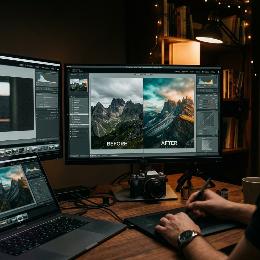 Film-look photo editing workspace with teal and orange color grading