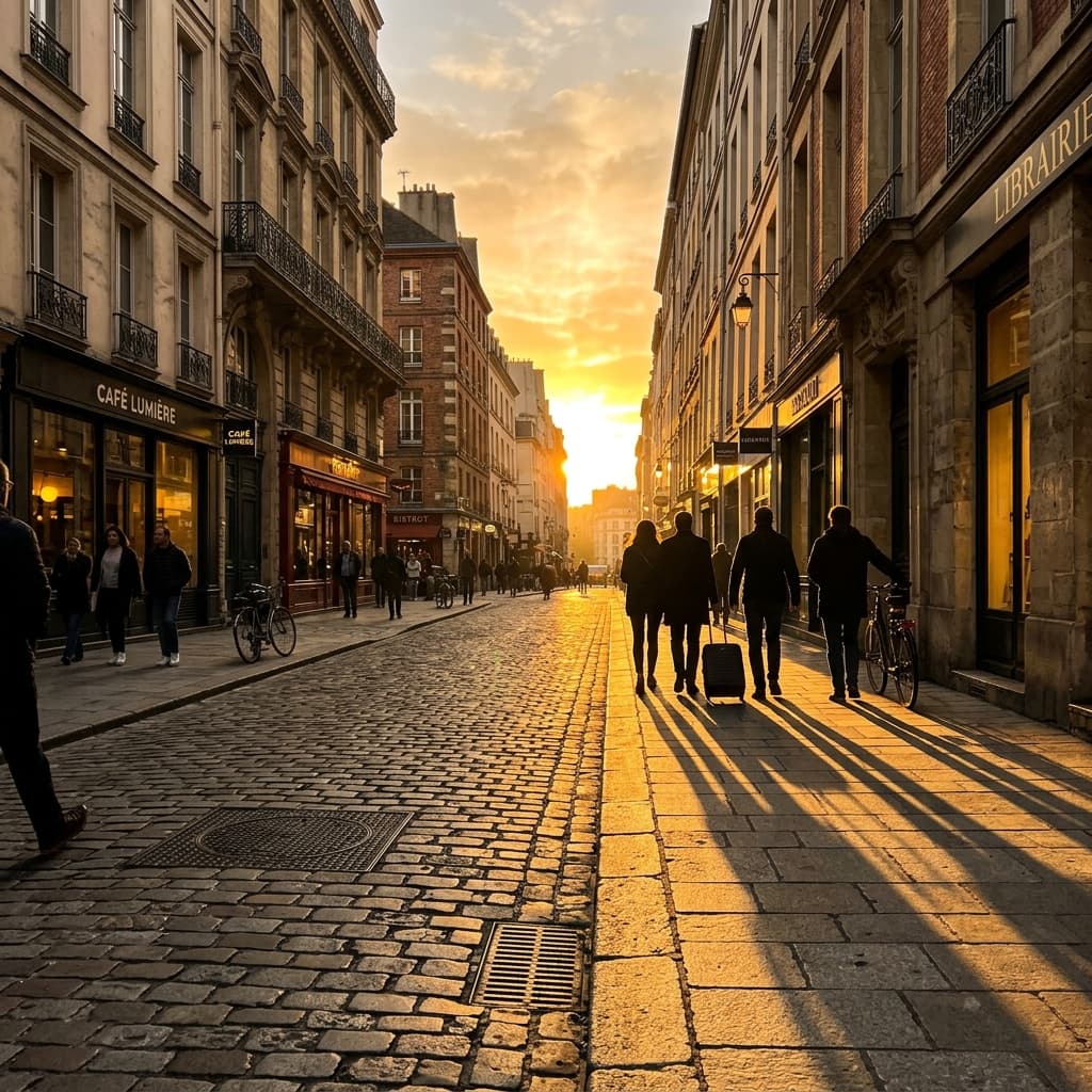 Golden hour urban street scene with dramatic long shadows and warm light