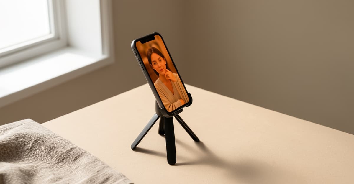 An iPhone mounted on a tripod displaying a shallow depth of field portrait on its camera view screen.